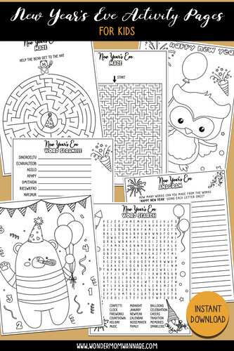 New Year Activity Set from Wondermom Shop for kids, featuring black and white pages with a maze, word search, word scramble, coloring sections, and writing prompts. Text at the bottom: 