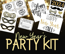 Load image into Gallery viewer, Have a memorable New Year&#39;s Eve celebration with this VIP Vault New Year’s Eve Party Planning Kit featuring gold and black masks.
