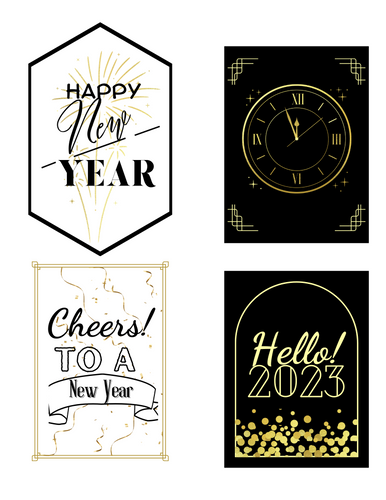Introducing the New Year Champagne Labels from Wondermom Printables, featuring four festive designs perfect for your celebrations: top left showcases 