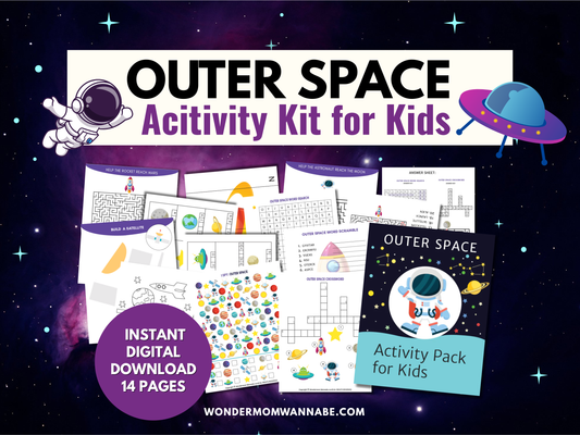Outer Space Activity Pack mockup displaying pages of space-related games, puzzles, and crafts for kids.