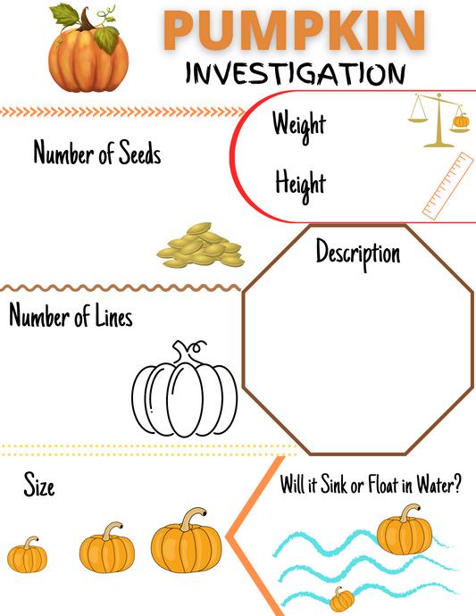 The Pumpkin Investigation worksheet by Wondermom Printables offers a fun way to engage in science learning with sections for weight, height, number of seeds, number of lines, description, size, and whether it will sink or float in water.