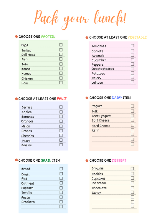 Image of two Pack Your Lunch Printable checklists titled "pack your lunch!" with categories for vegetables, fruits, grain items, protein, dairy, and dessert, featuring multiple choice options for each by Wondermom Printables.