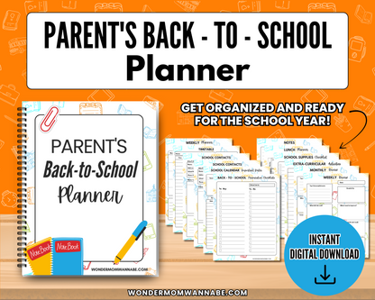 Cover and sample pages of The Ultimate Back-to-School Bundle for Busy Moms by Wondermom Shop, featuring printable organizers for school info and schedules. Instant digital download—perfect for busy moms to plan the school year with ease.