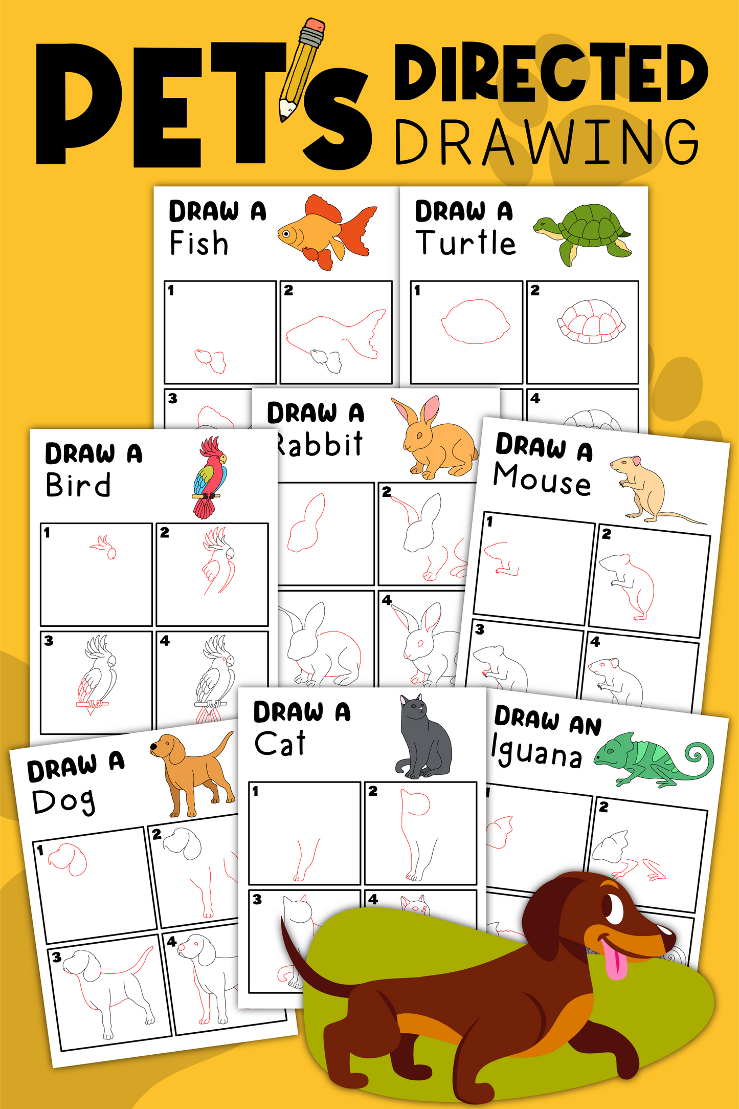 An image showcasing step-by-step drawing tutorials for a fish, turtle, bird, rabbit, mouse, dog, cat, and iguana titled "How to Draw Pets" by Wondermom Shop. An illustrated dog is also featured at the bottom to enhance your drawing skills through fun step-by-step activities.