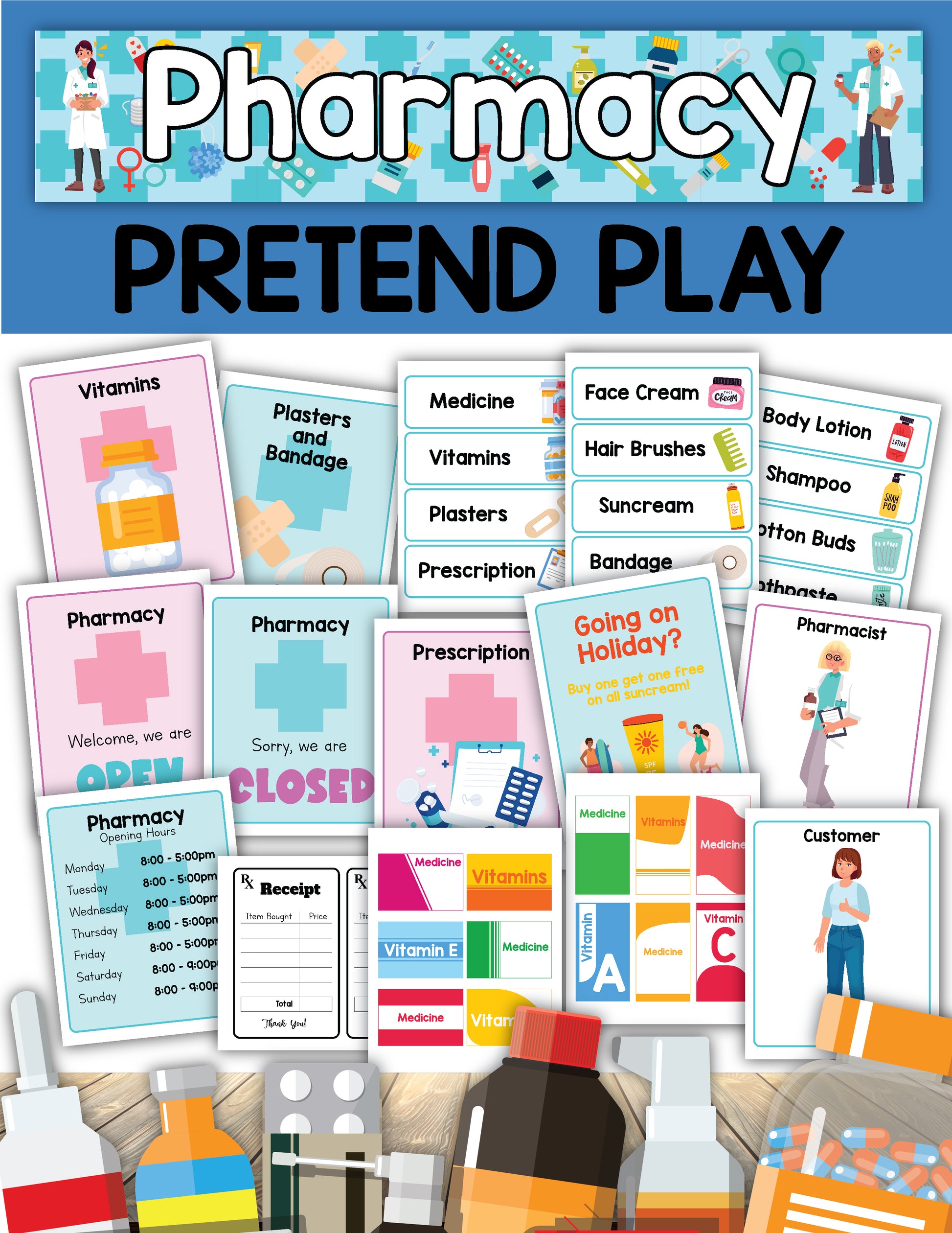 Introducing the Pharmacy Pretend Play set by Wondermom Shop, which includes a variety of cards for medicines, vitamins, prescriptions, labels, and signs. It also features illustrated pharmacy equipment and items. Plus, it adds an exciting twist with Dentist Pretend Play elements to help kids learn about oral hygiene and dental tools identification.