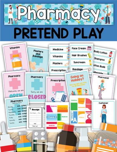 Introducing the Pharmacy Pretend Play set by Wondermom Shop, which includes a variety of cards for medicines, vitamins, prescriptions, labels, and signs. It also features illustrated pharmacy equipment and items. Plus, it adds an exciting twist with Dentist Pretend Play elements to help kids learn about oral hygiene and dental tools identification.