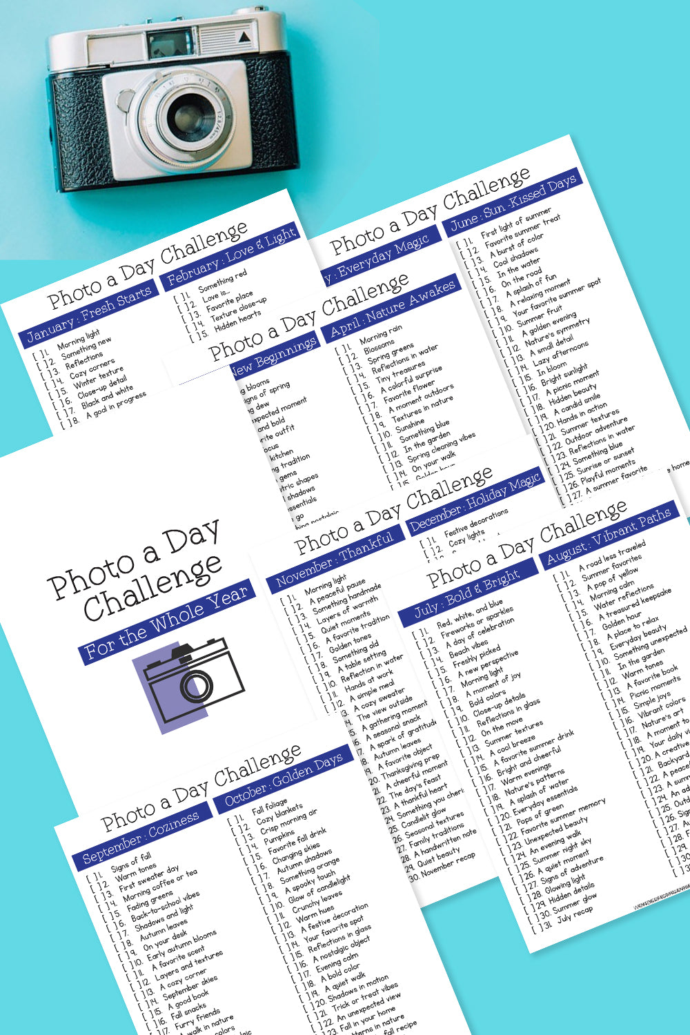 Enhance your photography skills with Wondermom Shop's "Photo-a-Day Challenge: A Year of Creativity." Features daily prompts under each month, topped with a vintage camera on teal background.