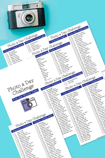 Enhance your photography skills with Wondermom Shop's "Photo-a-Day Challenge: A Year of Creativity." Features daily prompts under each month, topped with a vintage camera on teal background.