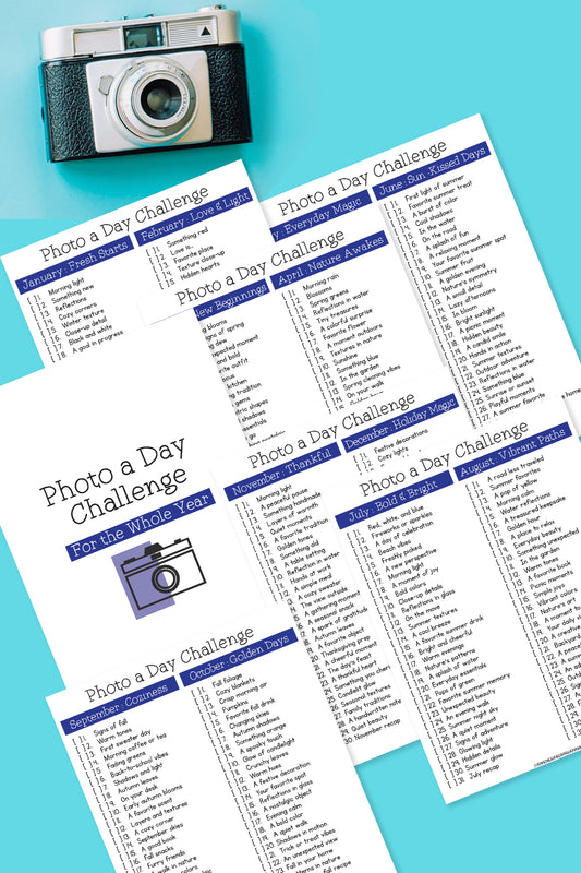 Enhance your photography skills with Wondermom Shop's "Photo-a-Day Challenge: A Year of Creativity." Features daily prompts under each month, topped with a vintage camera on teal background.