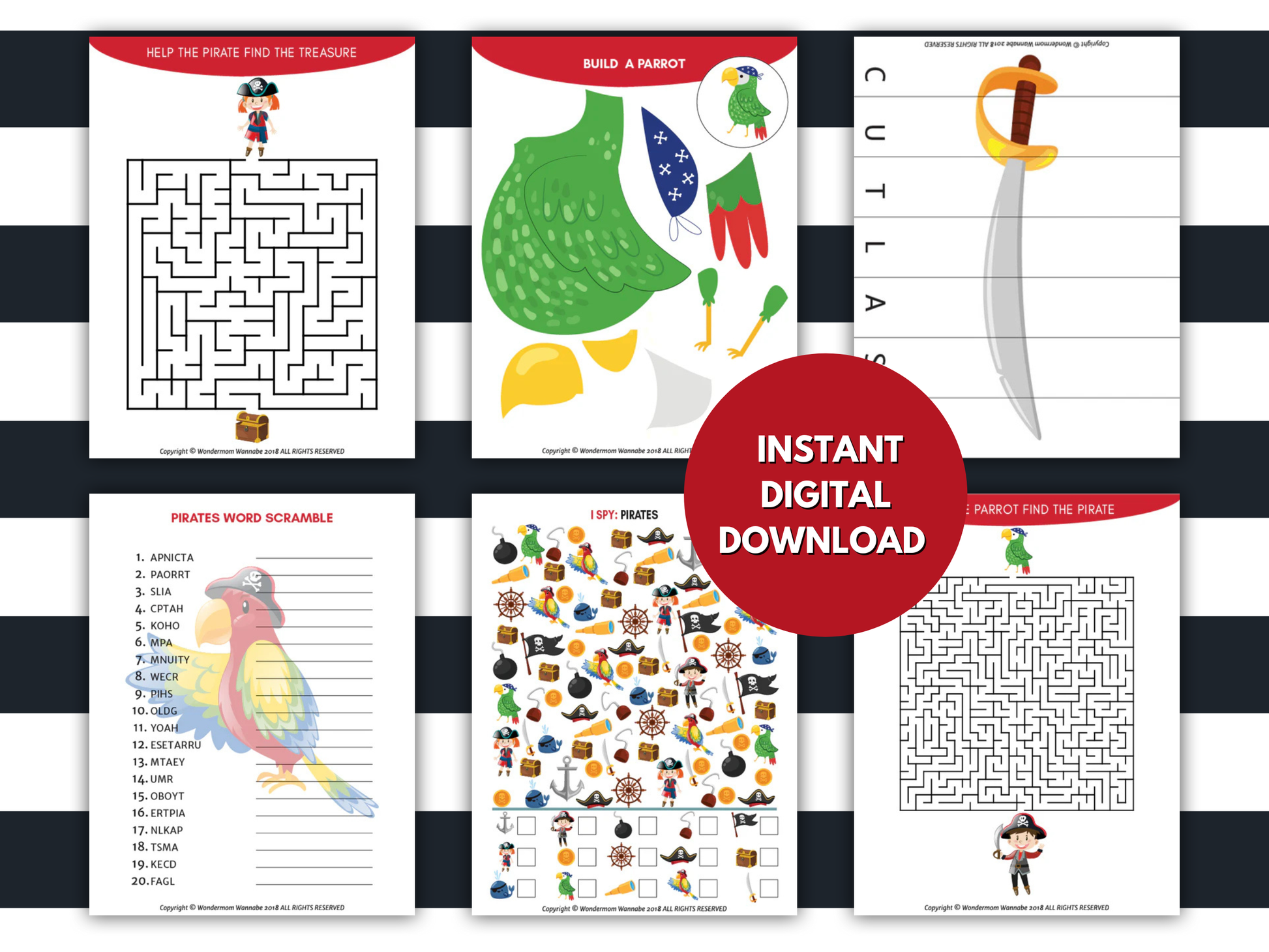 Pirate themed printable activity pages for kids.