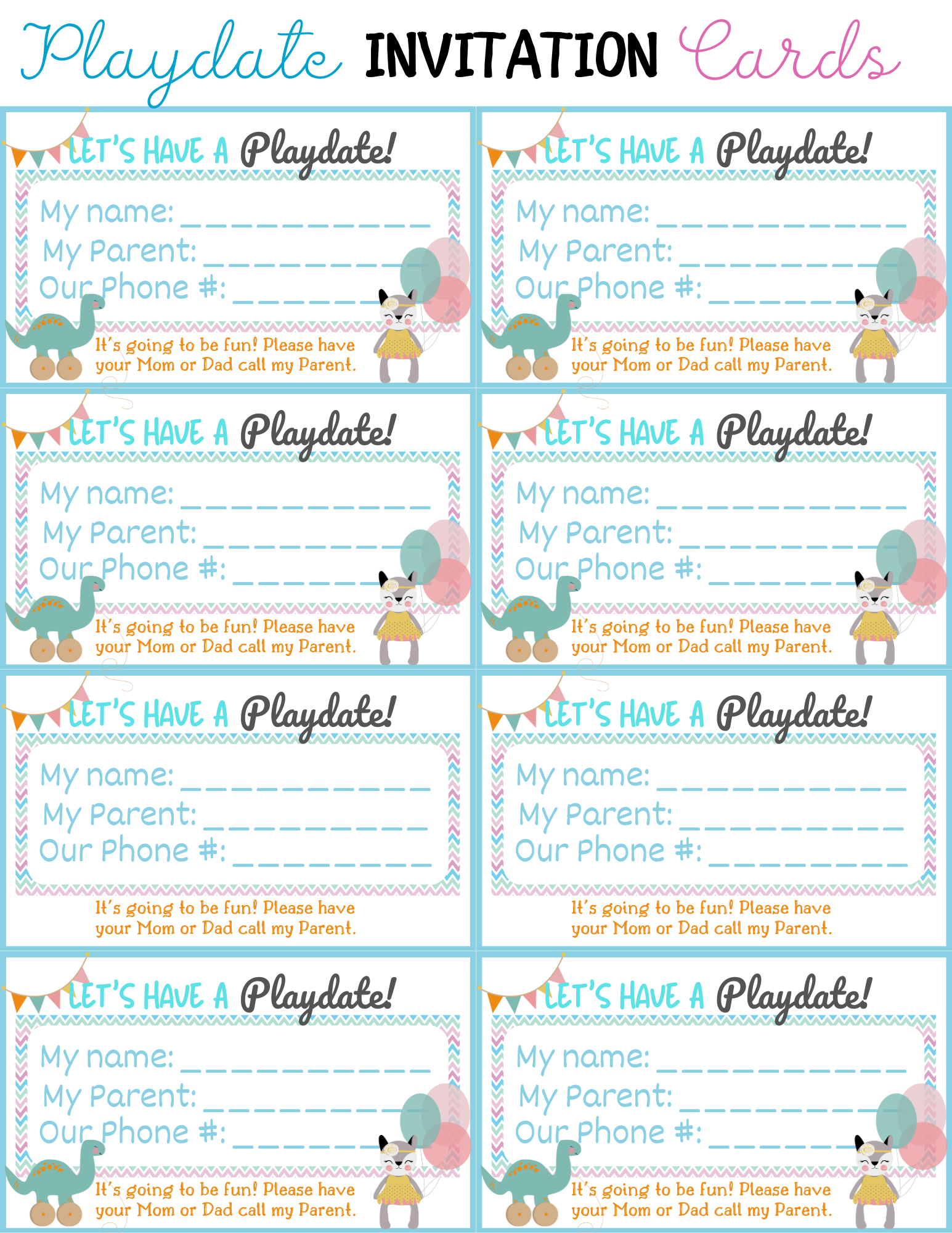 Wondermom Printables' Playdate Cards are a set of eight invitation cards with fill-in-the-blank spaces for the child's name, parent's name, and phone number. The cards feature playful designs and are titled "Let's Have a Playdate!".