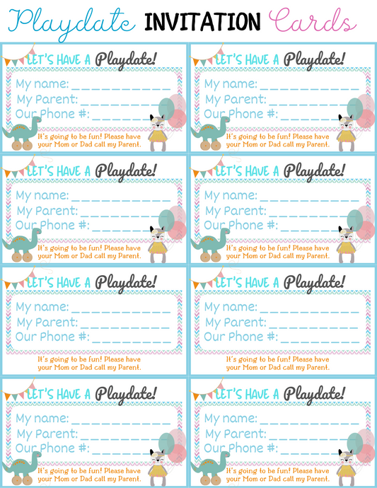 Wondermom Printables' Playdate Cards are a set of eight invitation cards with fill-in-the-blank spaces for the child's name, parent's name, and phone number. The cards feature playful designs and are titled "Let's Have a Playdate!".