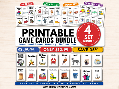 Printable kids game cards bundle with four themed sets, sample cards, instant digital download, and a $12.99 bundle price.