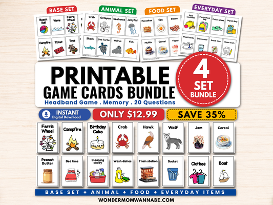 Printable kids game cards bundle with four themed sets, sample cards, instant digital download, and a $12.99 bundle price.