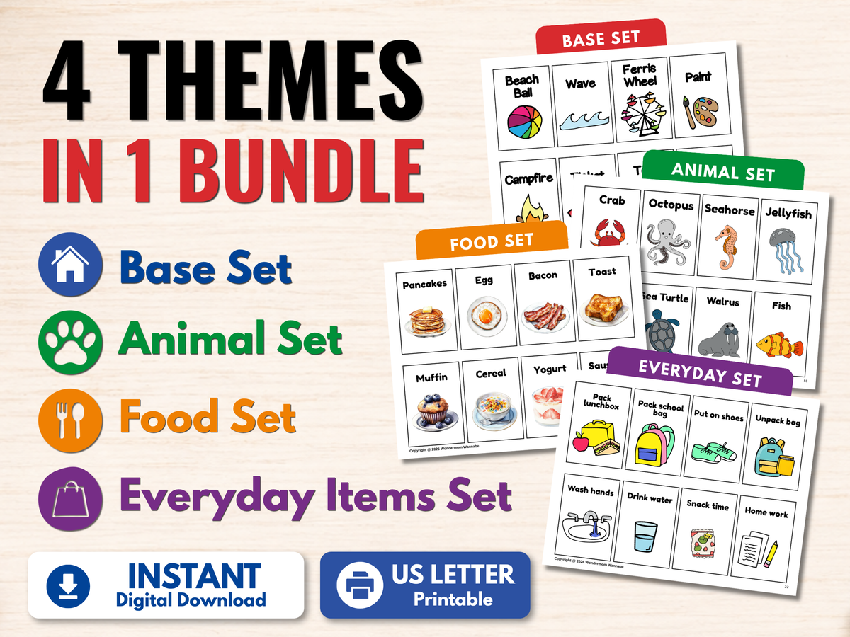 Four-theme printable game card bundle featuring Base, Animal, Food, and Everyday Items sets for kids’ learning and play.