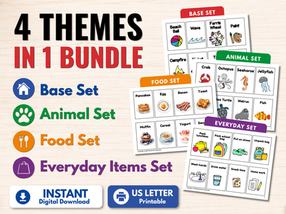 Four-theme printable game card bundle featuring Base, Animal, Food, and Everyday Items sets for kids’ learning and play.