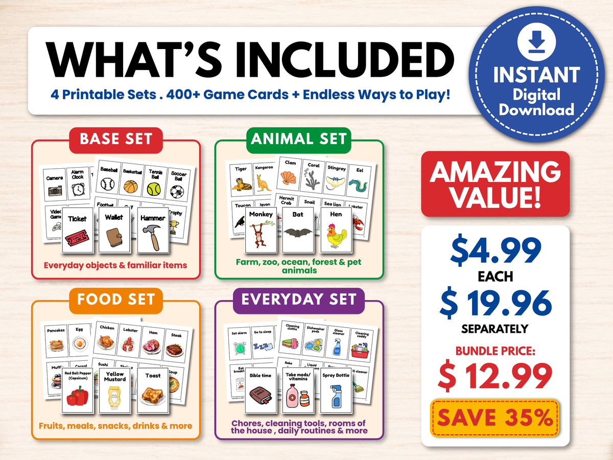 Printable game cards bundle featuring four sets: Base, Animal, Food, and Everyday Items, with digital download pricing and bundle savings.