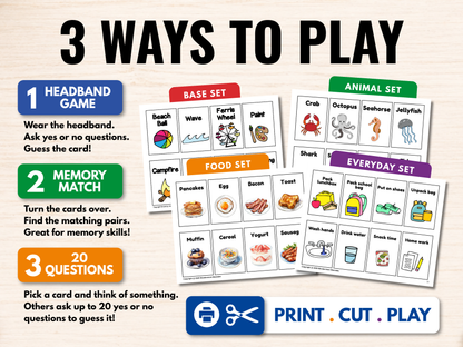 Printable game cards showing three ways to play: Headband Game, Memory Match, and 20 Questions using four themed card sets.