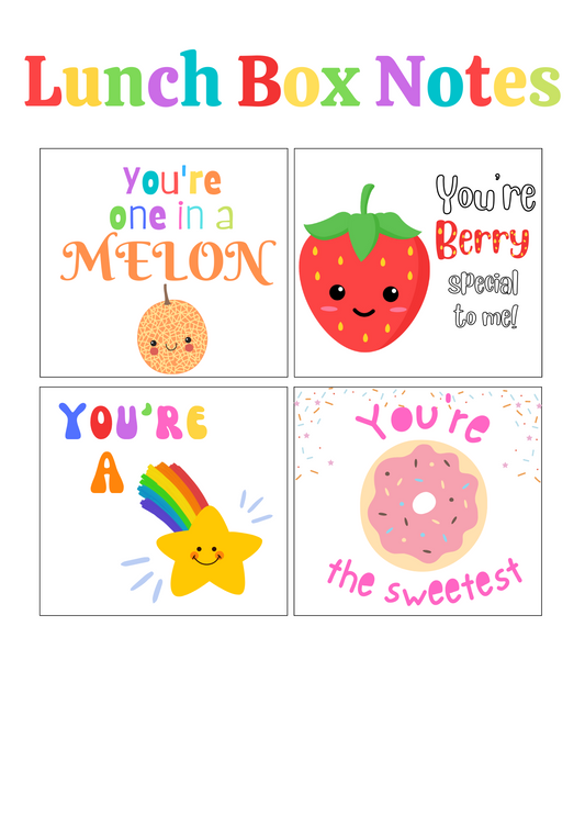 Wondermom Printables' Printable Lunchbox Cards offer four vibrant and customizable designs, each featuring playful illustrations and delightful messages like "You're one in a melon," "You're berry special to me!," "You're a star," and "You're the sweetest." These charming cards are perfect for adding a personal touch to your little one's lunchbox.
