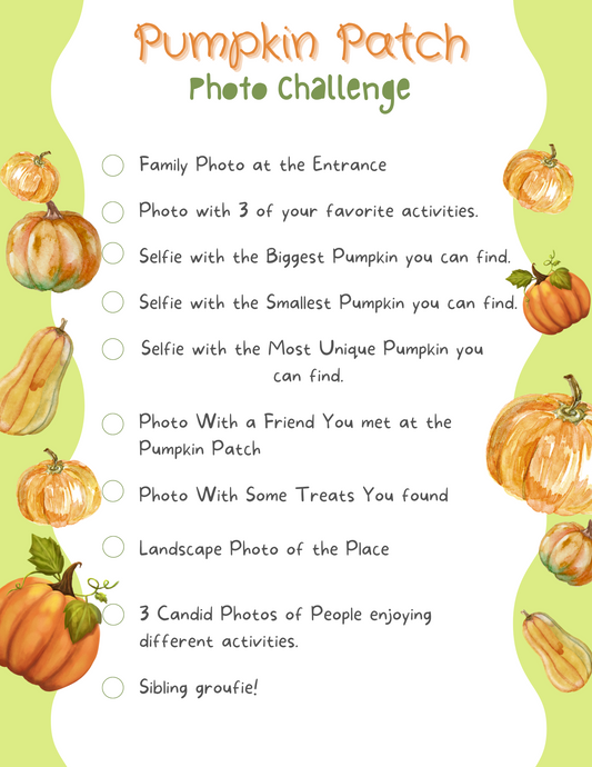 Discover the Wondermom Printables' Pumpkin Patch Photo Challenge! This printable list is brimming with exciting activities, such as snapping photos with pumpkins, friends, treats, and candid moments of people. It's beautifully decorated with delightful illustrations of pumpkins and gourds.