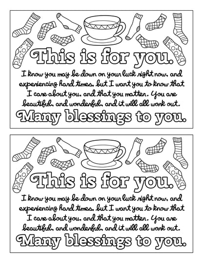 A coloring page with the words, many blessings to you, as part of a Random Acts of Kindness Gift Set promoting Wondermom Shop.