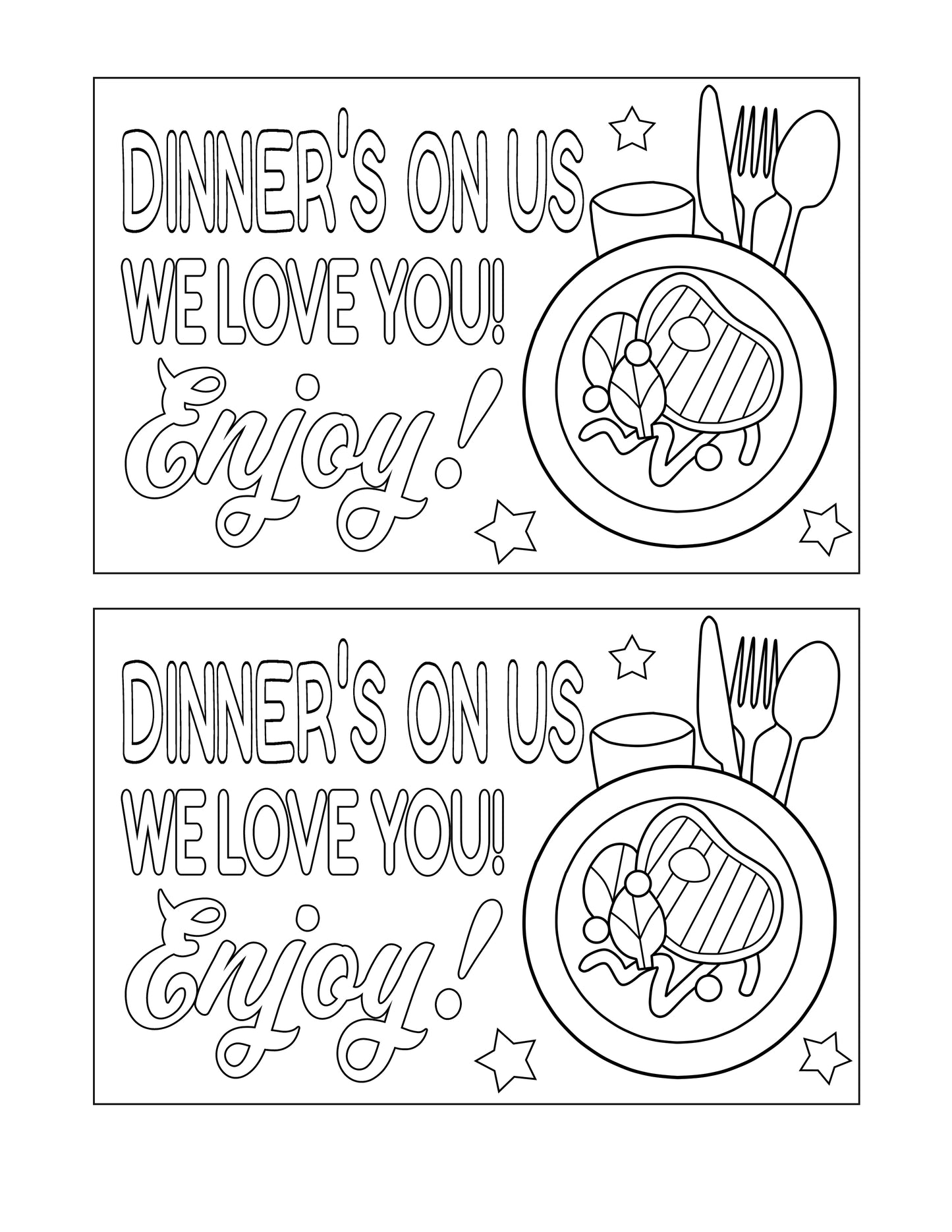 A coloring page with the words "dinner on us" from the Random Acts of Kindness Gifts Set by Wondermom Shop to spread random acts of kindness and show our love. Enjoy!