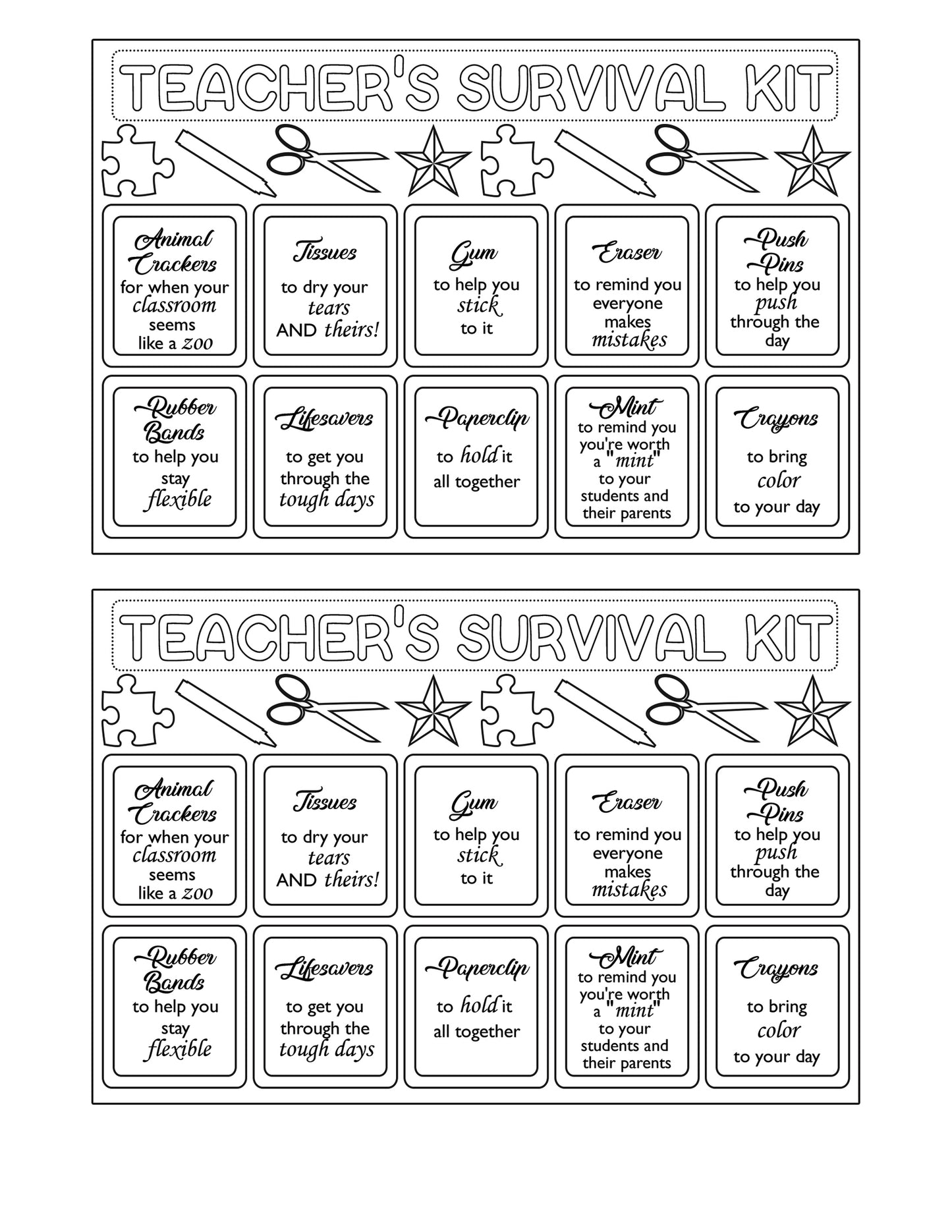 A teacher's survival kit gift set with scissors for their kindness efforts and Random Acts of Kindness from Wondermom Shop.