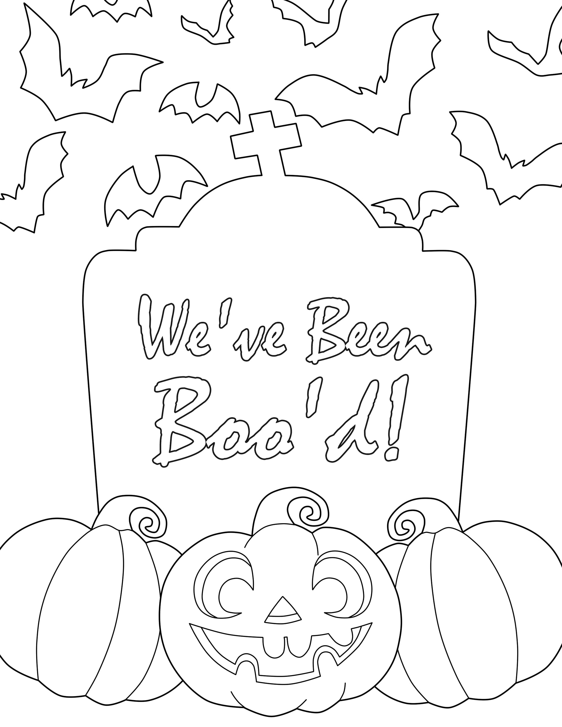 A Halloween coloring page featuring pumpkins and bats to spread happiness through Wondermom Shop's Random Acts of Kindness Gifts Set efforts.