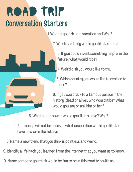Wondermom Printables' 'Road Trip Conversation Starters' is a colorful infographic featuring a charming car illustration, ideal for family adventures. It presents 10 engaging questions to spark memorable moments, such as your favorite celebrity to meet and the superpower you'd choose.