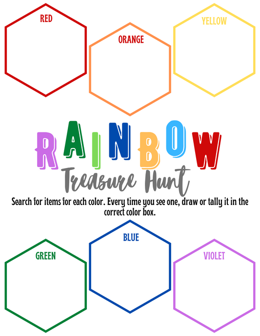 Color-coded Rainbow Treasure Hunt activity sheet with spaces to tally items found in rainbow colors by Wondermom Printables.