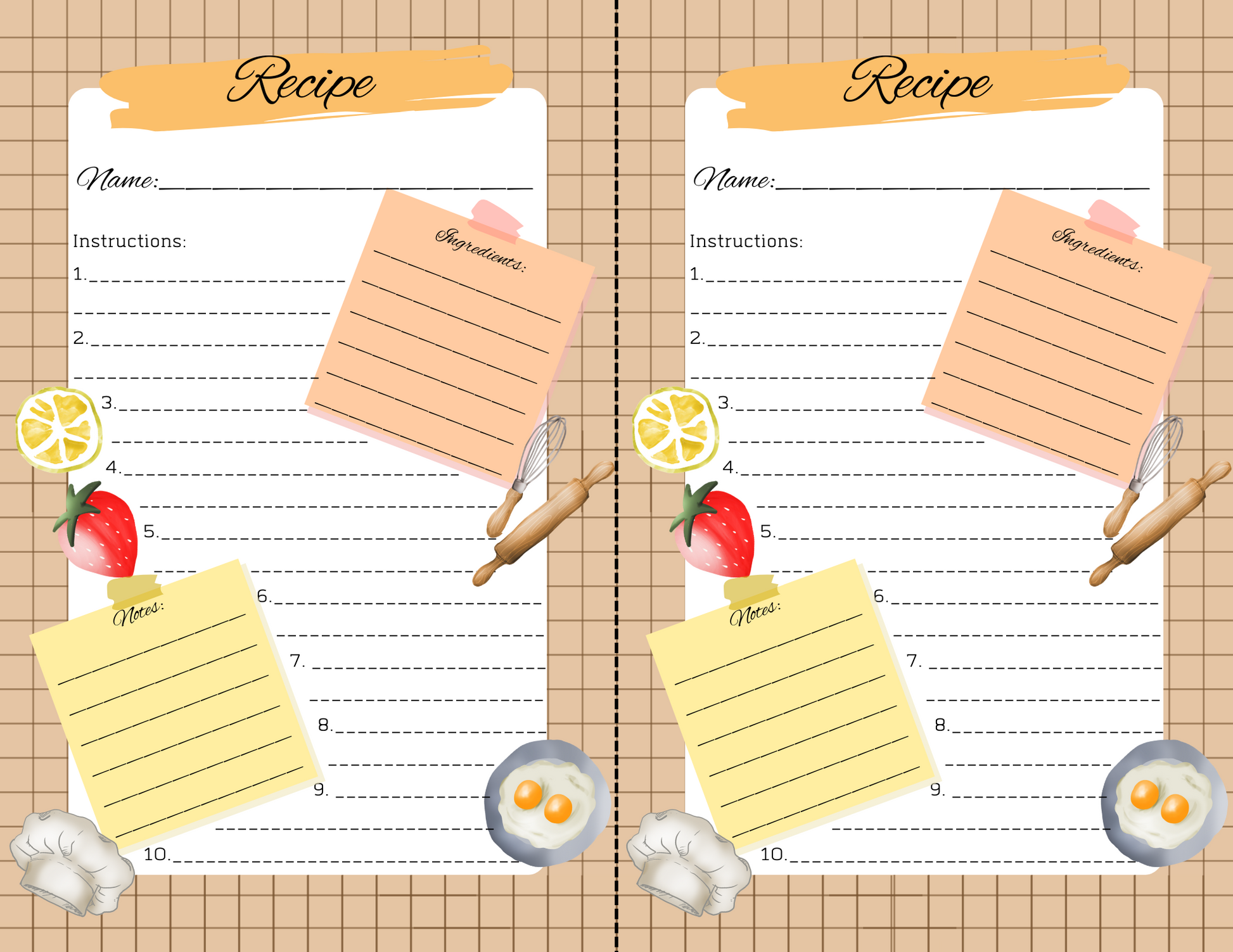 The Recipe Notes template by Wondermom Printables features sections for name, ingredients, instructions, and notes. It is decorated with images of strawberries, lemons, eggs, garlic, a whisk, and a rolling pin to help you organize recipes with kitchen efficiency in mind.