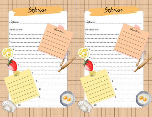 The Recipe Notes template by Wondermom Printables features sections for name, ingredients, instructions, and notes. It is decorated with images of strawberries, lemons, eggs, garlic, a whisk, and a rolling pin to help you organize recipes with kitchen efficiency in mind.