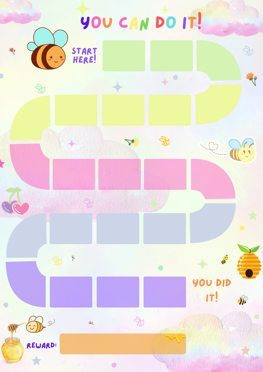 The Reward Chart by Wondermom Printables is a colorful, winding path game with 21 spaces, beginning at "Start Here!" and concluding at "You Did It!" in a cheerful design featuring bees, flowers, and a honey pot—perfect as a printable tool for tracking good behavior.