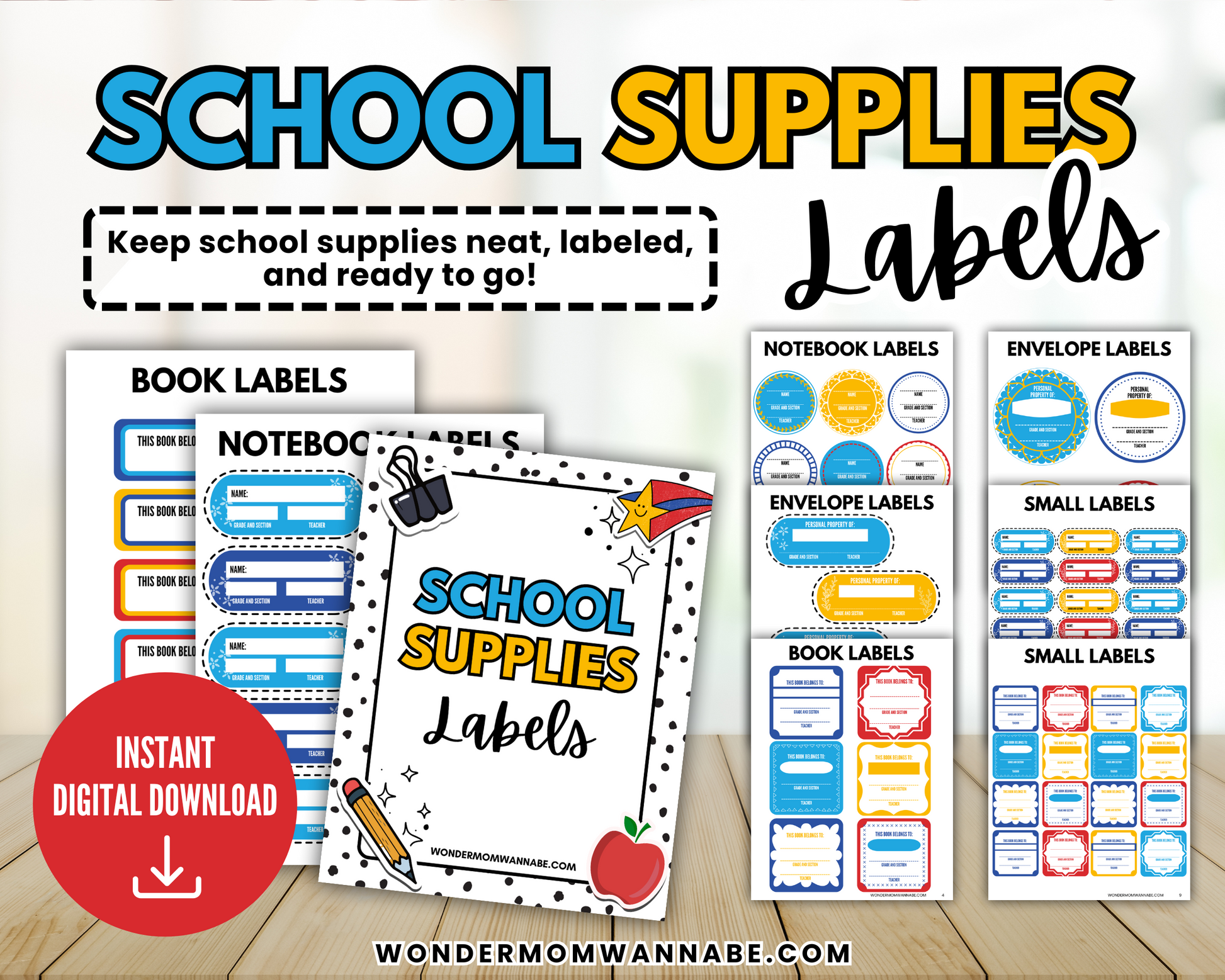 Image featuring printable labels for books, notebooks, envelopes, and more—plus a digital student planner. Instantly download The Ultimate Back-to-School Bundle for Busy Moms from the Wondermom Shop.