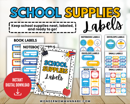 Image featuring printable labels for books, notebooks, envelopes, and more—plus a digital student planner. Instantly download The Ultimate Back-to-School Bundle for Busy Moms from the Wondermom Shop.
