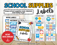 Load image into Gallery viewer, Image featuring printable labels for books, notebooks, envelopes, and more—plus a digital student planner. Instantly download The Ultimate Back-to-School Bundle for Busy Moms from the Wondermom Shop.
