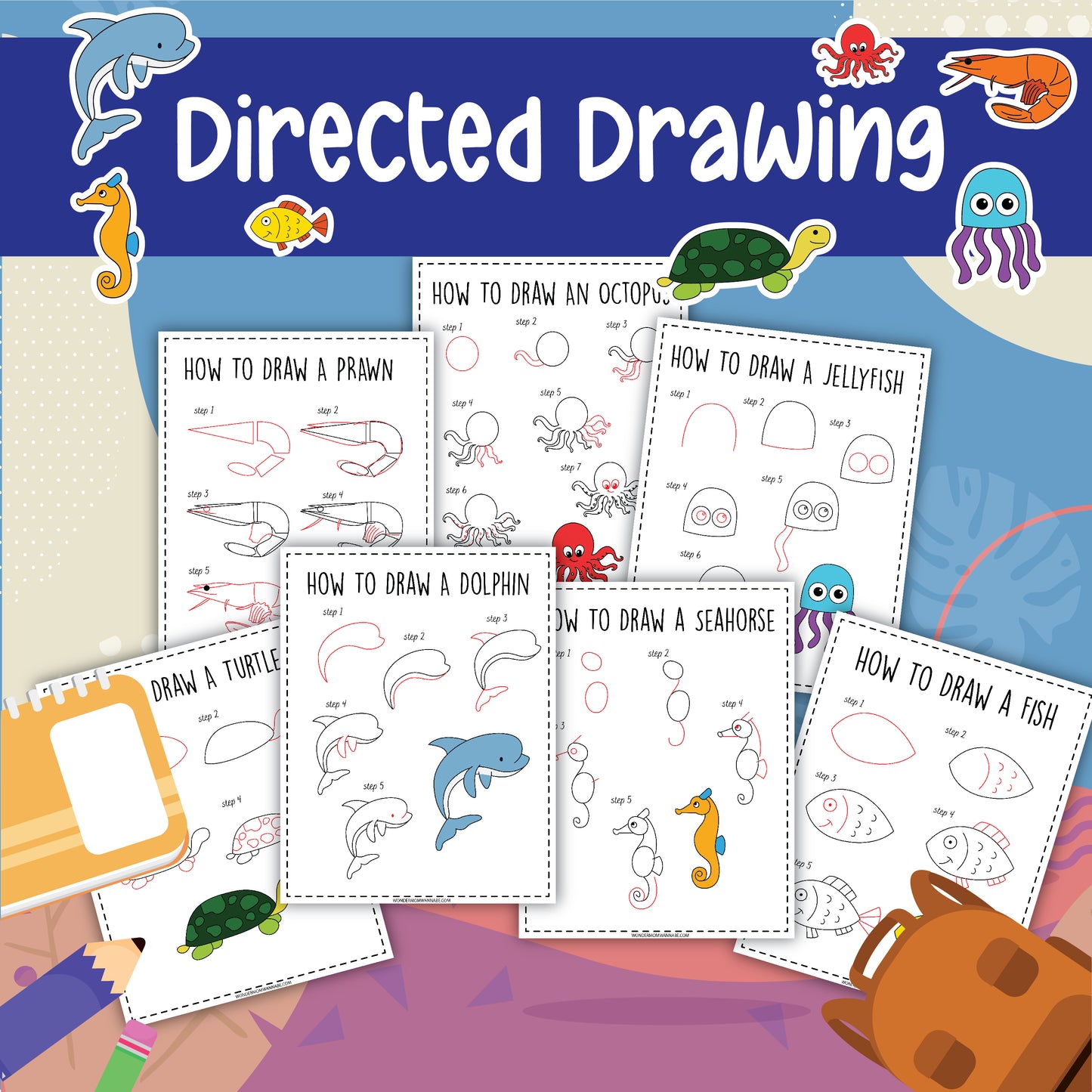 The How to Draw Sea Animals activity pack by Wondermom Shop provides step-by-step drawing guides with instructions on how to draw a prawn, octopus, jellyfish, turtle, dolphin, seahorse, and fish, all set against vibrant sea creature illustrations.