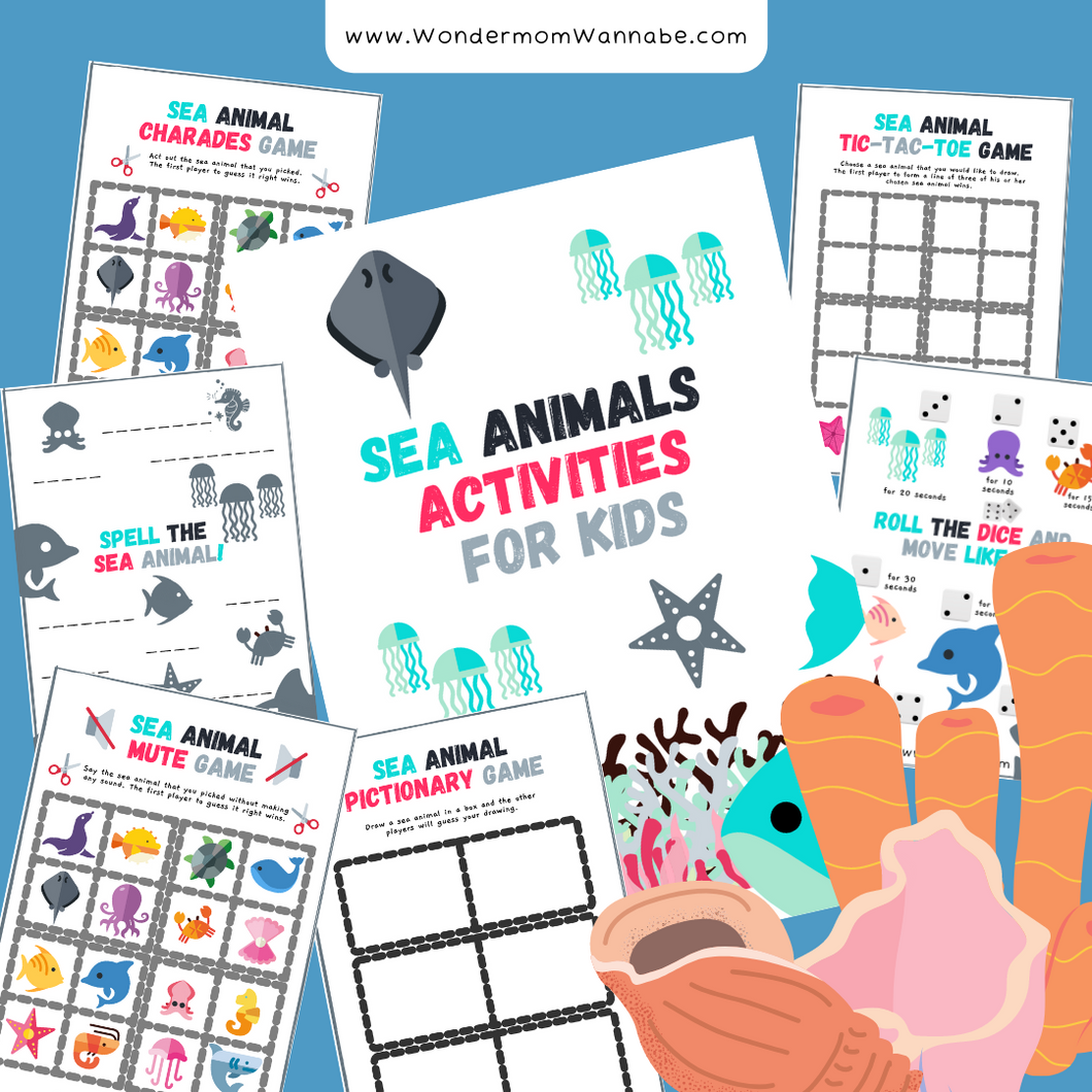 A collage featuring the Sea Animals Activity Set by Wondermom Shop for marine enthusiasts, including interactive games like charades, tic-tac-toe, spell-the-sea-animal, mute game, and pictionary amidst colorful sea creatures and shells.