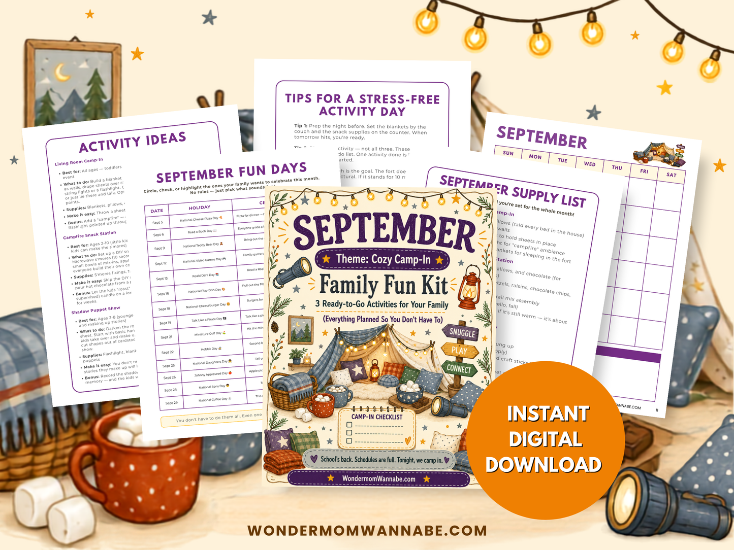September Cozy Camp-In Family Fun Kit with activity ideas, fun days, supply list, calendar, and instant digital download.