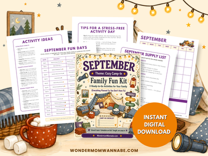 September Cozy Camp-In Family Fun Kit with activity ideas, fun days, supply list, calendar, and instant digital download.