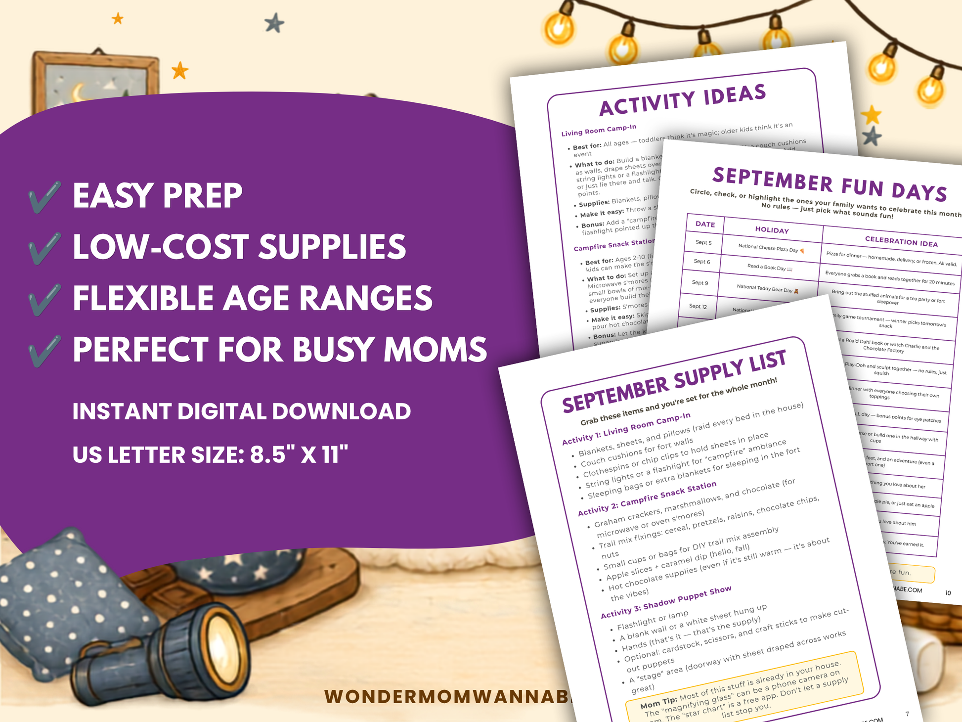 September Family Fun Kit with easy prep, low-cost supplies, flexible age ranges, activity ideas, fun days, and supply lists.