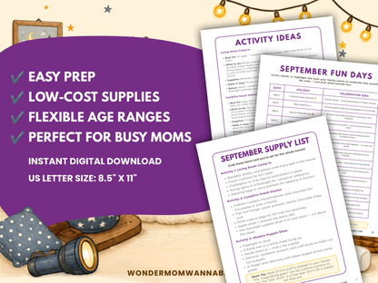 September Family Fun Kit with easy prep, low-cost supplies, flexible age ranges, activity ideas, fun days, and supply lists.