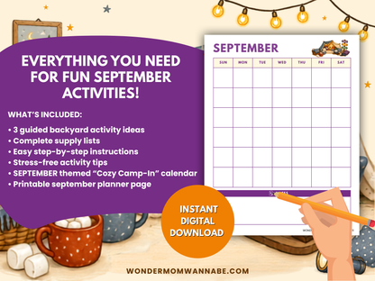 September printable family activity kit featuring guided activities, supply lists, stress-free tips, calendar, and planner pages.