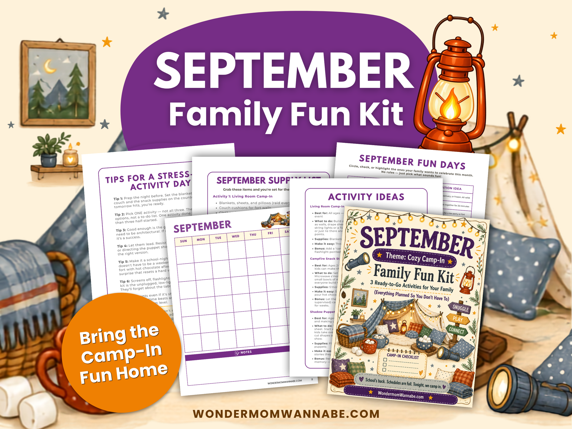September Family Fun Kit printable with cozy camp-in activities, planner pages, activity ideas, and family fun resources.