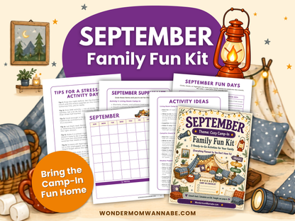 September Family Fun Kit printable with cozy camp-in activities, planner pages, activity ideas, and family fun resources.