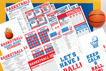 Load image into Gallery viewer, Basketball Night Fun Pack by Wondermom Shop includes trivia, charades, and activity printables perfect for a themed night with a basketball nearby.
