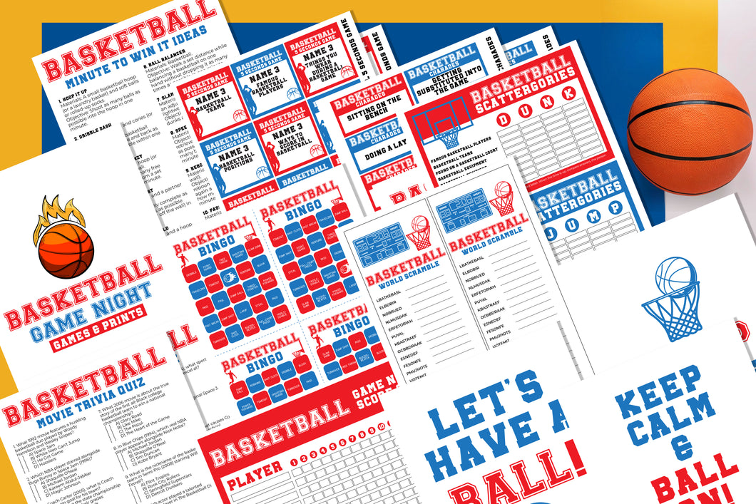 Basketball Night Fun Pack by Wondermom Shop includes trivia, charades, and activity printables perfect for a themed night with a basketball nearby.