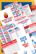 Load image into Gallery viewer, Introducing the Wondermom Shop&#39;s Basketball Night Fun Pack, a thrilling printable set featuring basketball-themed trivia, charades, quizzes, score sheets, and word scrambles. Each has a small basketball in the corner to enhance your game night experience.
