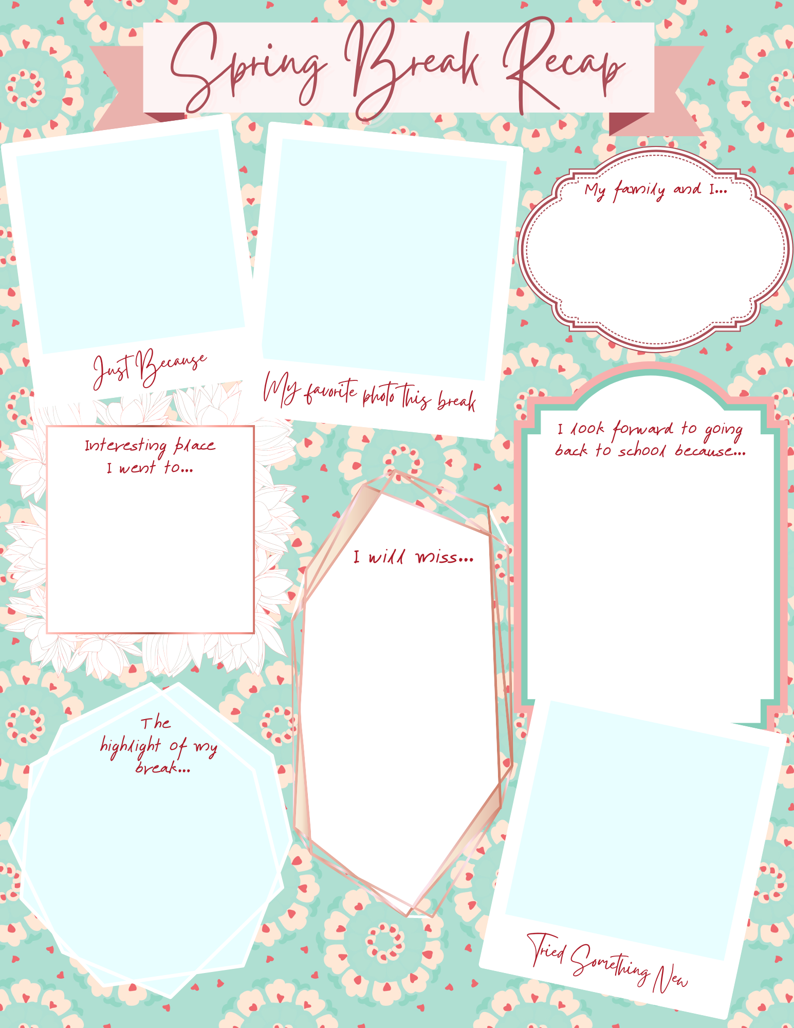 Capture your Spring Break memories with the fun, printable "Spring Break Recap" worksheet from Wondermom Printables! This template includes sections for "My favorite photo this break," "Interesting place I went to," "I will miss," "The highlight of my break," "My family and I...," "I look forward to going back to school because...," and "Tried something new.