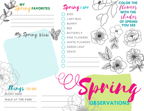 Introducing the Spring Observation Sheet by Wondermom Printables: a vibrant educational tool designed for spring, featuring sections for favorites, I Spy, coloring flowers, observations, and things to do. This worksheet is adorned with illustrated flowers and playful fonts throughout its design.